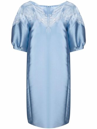 Alberta Ferretti macram&eacute;-lace balloon-sleeve midi dress - women - Silk/Polyester/Acetate/Cupro/Polyamide - 40 - Blue