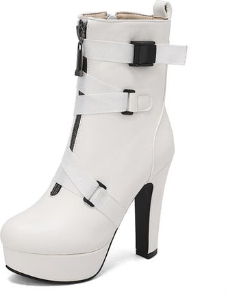 Generic Womens Round Toe Platform Short Boots PU Leather Ankle Boots with Side Zipper Block High Heel Party Prom Shoes,White,10.5 UK