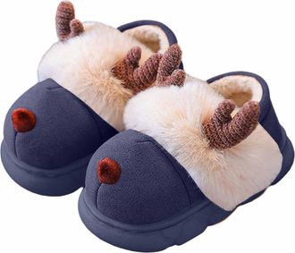 Generic Girls Slippers Winter Warm Fleece Lined Reindeer Slippers Cozy Home Footwear Non Slip Sole Soft Plush Back Cover for Age 2 To 13 Years