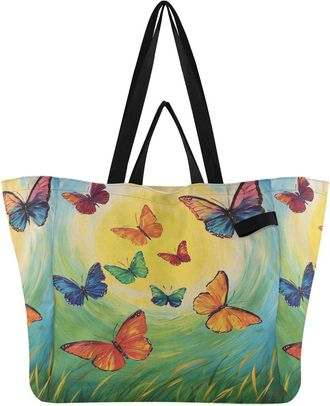 Generic Butterfly Meadow Yellow print Reusable Canvas Tote Bag, Heavy Duty Grocery Shopping Bag with Large Capacity Hard Bottom Double Handles Work Groceries 