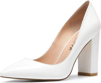 Castamere Womens Block Heels Pointed Toe Slip-On Court Shoes 4IN Heeled Patent White Pumps UK 10