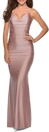 La Femme Form Fitting Jersey Dress with Ruching and Strappy Back in Mauve at Nordstrom, Size 10