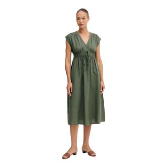 Benetton Jurk van pure linnen - Dames - Casual kleedjes - Groen - XS - Linnen - Kleedjes