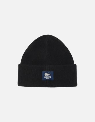 Lacoste Mens Lacoste Ribbed Cotton Badge Beanie Black - Size: ONE size
