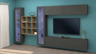 Dmora Dmora - Pared Equipada Dfancon, Conjunto De Sal&oacute;n Mueble Tv Con 4 Puertas, Mueble Sal&oacute;n Polivalente Con Vitrina Y Luz Led, 100% Made In Italy, Cm 350x