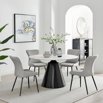 Furniturebox Nina Marble-Effect Dining Set with Grey Velvet Chairs in Light Grey | Size: 4 Person