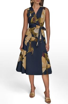 DKNY Sleeveless Faux Wrap Midi Dress in Ink Multi at Nordstrom, Size 10
