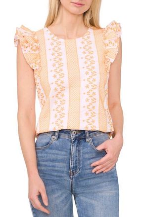 CeCe by Cynthia Steffe Embroidered Ruffle Sleeve Top in Ultra White at Nordstrom, Size Large