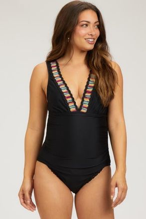 Pinkblush Crochet Accent Sleeveless One Piece Swimsuit in Black at Nordstrom, Size Small