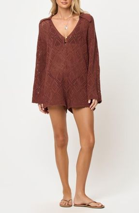L*Space Golden Daze Open Stitch Cotton Cover-Up Romper in Cafe at Nordstrom, Size X-Large