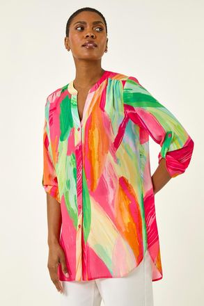 Roman Abstract Print V-Neck Button Blouse