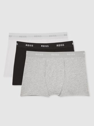 Reiss Heller Pack of 3 Boxers - Black, White and Grey Organic Cotton Plain, Size: S