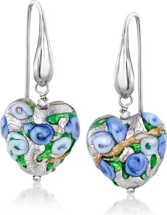 Ross-Simons Italian Multicolored Murano Glass Floral Heart Drop Earrings With Sterling Silver