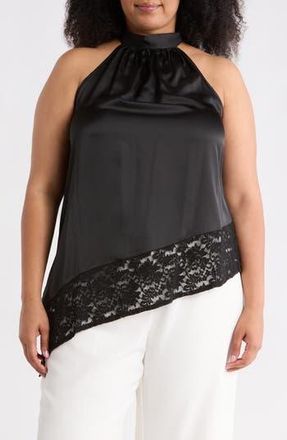 Renee C Sleeveless Lace Trim Satin Asymmetric Top in Black at Nordstrom Rack, Size 3X
