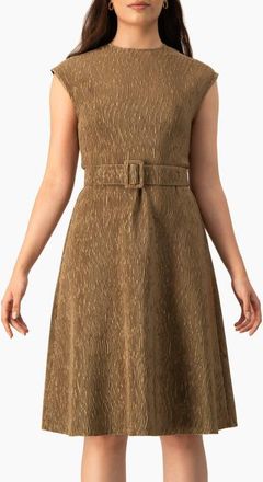 Ivonne Textured Belted A-Line Dress, Cap Sleeve Fit-and-Flare with Buckle Belt in Gold at Nordstrom, Size 14