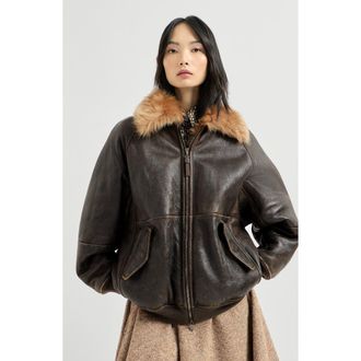 Brunello Cucinelli Vintage-effect shearling bomber jacket with shiny zipper pull in Hazelnut at Nordstrom, Size 34