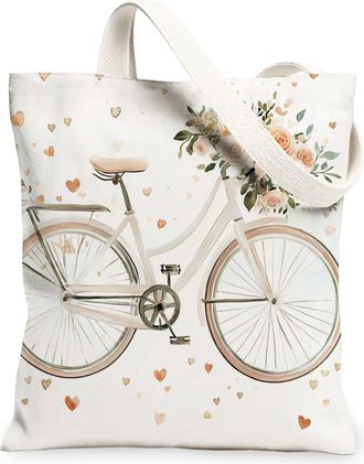 Generic Floral Bike Canvas Tote Bags, Flower Heart Design Reusable Grocery Bags, Spring Vintage Lightweight Washable Shoulder Strap Canvas for Travel 13x15 In