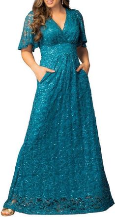 Kiyonna Luminous Sequin Lace Evening Gown in Teal Topaz at Nordstrom, Size X-Large
