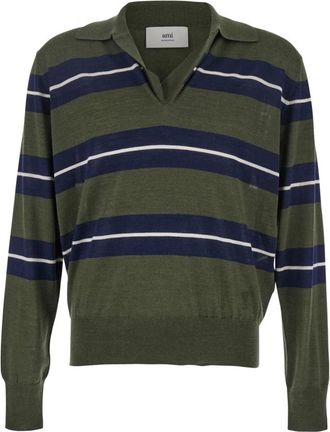Ami Truien & Vesten, Heren, Groen, L, Wol, Gestreept Polo Sweater