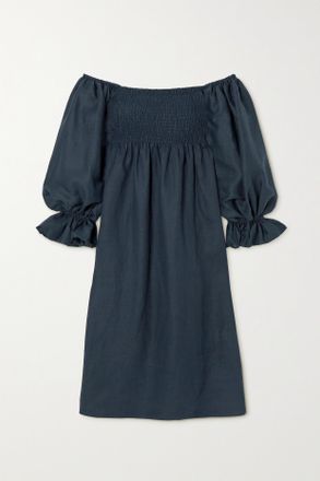 Sleeper + Net Sustain Atlanta Off-the-shoulder Shirred Organic Linen Midi Dress - Blue - x small,small,medium,large,x large