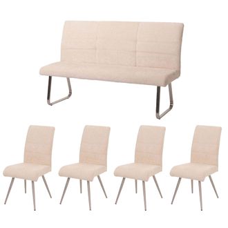Hhg Hhg - Juego De Comedor 102, Juego De 4 Sillas + Banco 160cm, Acero Inoxidable Cepillado Tela/textil Chenilla, Crema