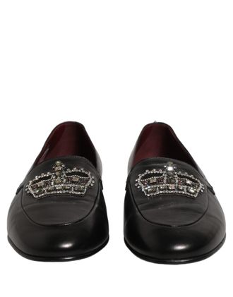 Dolce & Gabbana Crystal Crown-Embellished Leather Loafer - Black