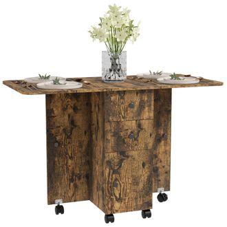 HOMCOM Folding Dining Table - Drop Leaf Table With Drawers Distressed - Rustic Brown | TJ Hughes Oak