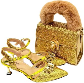 Generic Ladies Glitter Kitten Heel Shoes with Crystal Embellishment, Gold and Yellow Straps, Faux Fur Trim Matching Handbag Set (Pink, UK Footwear Size System