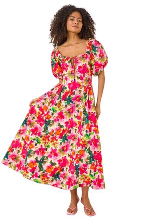 DUSK Womens Floral Pleated Puff Dress - Red - Size 14 UK