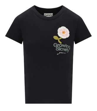 Ganni T-SHIRT BABY FIT CROCHET GRIGIO ANTRACITE GANNI