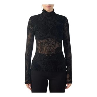 Just Cavalli Top in Tulle Floreale con Scollo Alto - - Tops - Donna - Nero - L