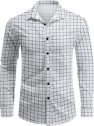 AlltheMen Mens Casual Checked Shirts Long Sleeve Button Down Classic Stylish Shirt Wedding Party Navy Blue L