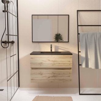 Aurlane Pack Mueble De Ba&ntilde;o Suspendido 80cm 2 Cajones Roble Lavabo Negro Espejo
