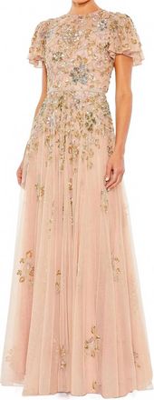 Mac Duggal Embellished Butterfly Sleeve Gown In Taupe Multi