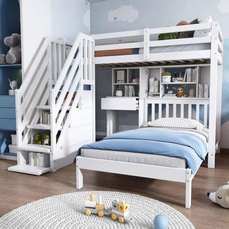 Matteo White Solid Pine House Bunk Bed with Desk & Storage | Size: Single