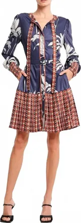 Ciebon Edda Floral Mix Print Belted Mini Dress In Navy Blue/brown