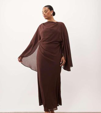 Asos Curve ASOS DESIGN Curve vestito midaxi drappeggiato con maniche a kimono, dettaglio mantella e schiena aperta color cioccolato-Multicolore