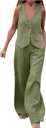 Generic Women Blazer 2 Piece Outfits Formal Cotton Linen V Neck Sleeveless Button Vest Waistcoat and Wide Leg Pants Set Blazer Suits Business Suit Summer Matc