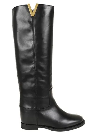 Via Roma 15 Knee-High Black Calfskin Boots With Internal Wedge