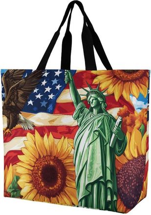 Generic U.S. Flag Ea-gles Sunflowers Reusable Shopping Bags One Shoulder Grocery Tote Bag Waterproof Big Purse for Work Travel