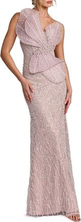 Mac Duggal Sequin Organza Strapless Bow Detail Column Gown in Mocha at Nordstrom, Size 10