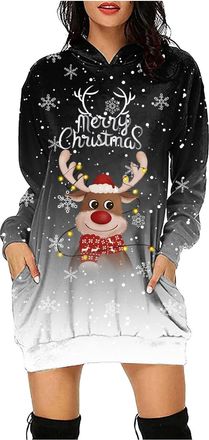 Generic Women Christmas Dress Merry Christmas Letters Snowflakes Wine Glass Xmas Prints Long Sleeve Hooded Loose Sweatshirt Dresses Outfits for Women (c-Dark 
