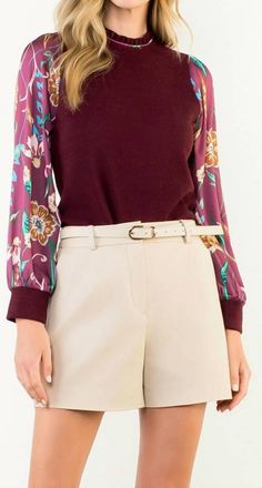 THML Clothing Long Sleeve Mixed Media Top In Deep Burgundy Multi