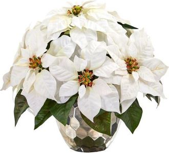 Nearly Natural 14-in Poinsettia Artificial Arrangement in Designer Silver Bowl in White at Nordstrom