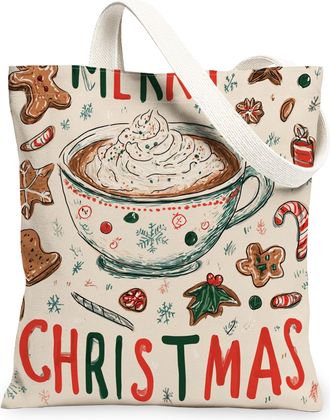Generic Christmas Treats Canvas Tote Bags, Holiday Snacks Pattern Reusable Bags, Vintage Lightweight Washable Shoulder Strap for Tr, Cream, 13x15 Inch