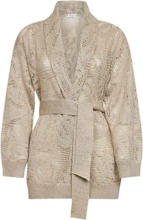 Brunello Cucinelli Belted Sequined Open-knit Cardigan - Dames - Vesten - Beige - S - Katoen - Truien & Vesten