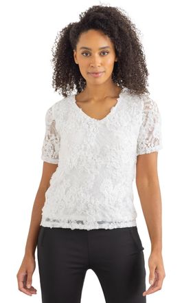Klass Sequin Ruffle Lace Short Sleeve Top - Ivory - S