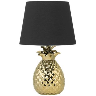 Beliani L&aacute;mpara De Mesa Decorativa Dorada Con Base Brillante De Cer&aacute;mica Negra Pantalla De Poli&eacute;ster Con Forma De Pi&ntilde;a Dise&ntilde;o Ecl&eacute;ctico Pineapple