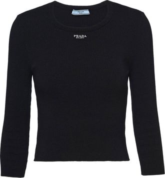 Prada logo-embroidered ribbed jumper - women - Cotton - 38 - Black