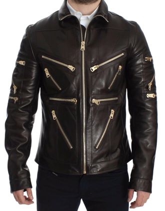 Dolce & Gabbana Mens Brown Lambskin Leather Zipper Jacket Clothing